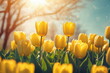 Tulip garden landscape. Sunny flower field. Spring season background. May floral bloom. Nature color. Light day park April leaf close up Bright sun blue sky. Fresh plant bulb grow. Green grass beauty.