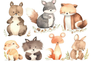 Wall Mural - Watercolor bunny illustration raccoon woodland animals Bear fox kids
