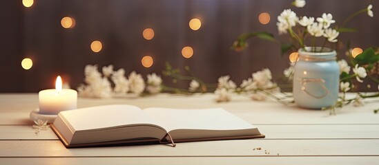 Poster - A musical instrument is resting on a wooden table in a room adorned with a candle, flowers, and an open book. The warm ambiance creates a tranquil setting for artistic inspiration