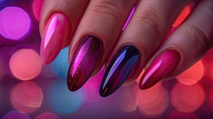 Wall Mural - Female hand with long nails and bright purple manicure holds a bottle of nail polish