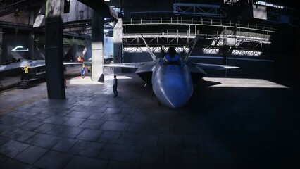 Wall Mural - Production of military fighter jet f 22 raptor at the factory. Military factory weapon. Realistic 4k animation.
