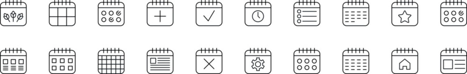 Wall Mural - calendar with icons symbols drawn with thin line. editable stroke. linear symbol for web sites, news
