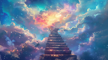 Wall Mural - Stairway to the Celestial Skies Amidst the mundane, a staircase unfurls, Its steps suspended, defying earthly bounds.