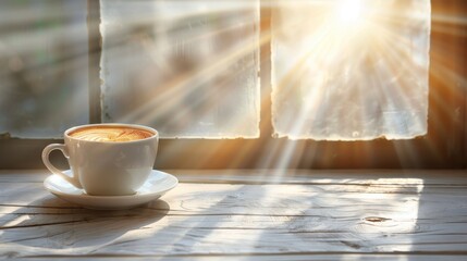 White coffee cup on table in modern kitchen, morning light, summer breakfast scene with copy space