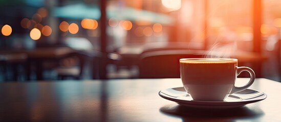 Poster - A coffee cup is placed on a saucer, resting on a wooden table. The cup is filled with a hot liquid beverage, ready to be enjoyed