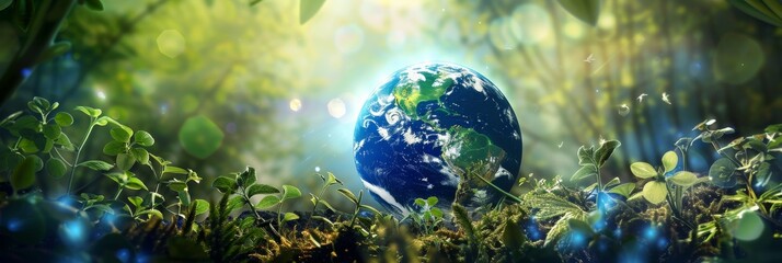 Wall Mural - globe on blooming field background with sun rays