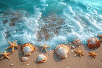 Wall Mural - A beach scene with a variety of shells and starfish scattered across the sand