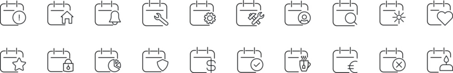 Wall Mural - set of vector outline symbols of calendars with various items. editable stroke. line icon for web si