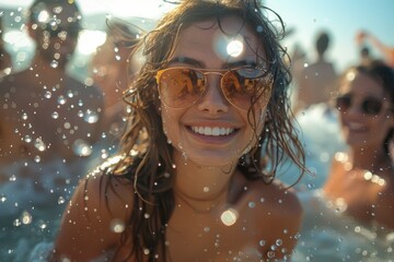 Poster - A woman with wet hair and sunglasses is smiling in the water. Summer foam party concept