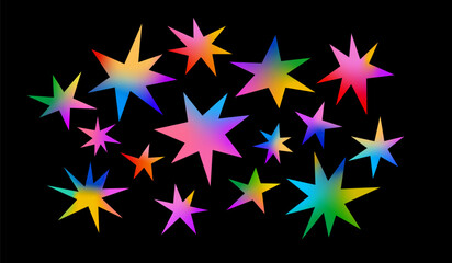 Aufkleber - Set of Abstract Vivid Doodle Stars with Rainbow Gradient. Vector Bright Sky Illustration. Graphic Elements for Holi Carnival and Night Parties Posters, Kids Backgrounds and Bright Templates