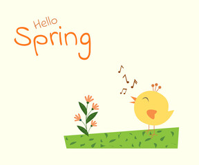 Wall Mural - Hello spring background with little birds in, vector, illustration. spring funny birds on a soft pastel color background. Card, sticker, poster, print, banner Positive spring vector illustration.