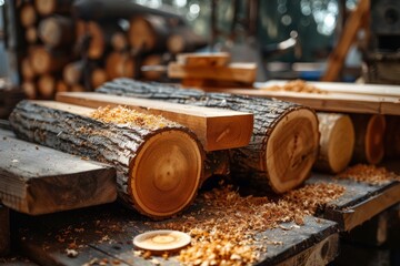 Freshly cut logs and sawdust in a carpentry workshop showcasing woodwork