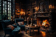 old book library with a fireplace