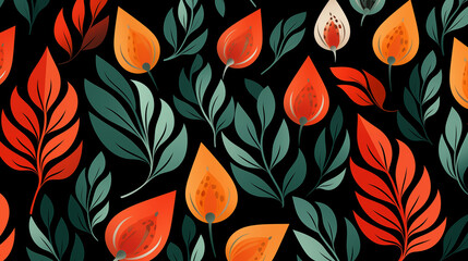 Wall Mural - Vibrant Red and Orange Foliage Patterns on Black