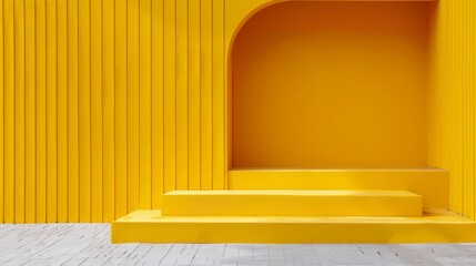 White podium on yellow backdrop in light studio stage, spotlight abstract product display concept