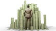 © RODWORKS - Rich African budinessman with hands in pocket standing and and facing huge stacks of US dollar notes. Business man looking at alot of piled bundles of money  isolated on transparent background