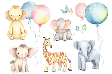 balloons pastel color Baby Safari Watercolor Animals set