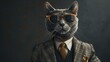 A swagger cat wearing sunglasses and a suit with a tie, copy space, 16:9