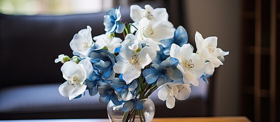 A creative arts vase holds a beautiful display of purple and electric blue flowers, creating a vibrant centerpiece for the event