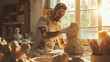 Adventurous Hispanic Man Sculpting a Statue from Clay in a Sunlit Studio. Concept of Creativity, Artistry, and Passion