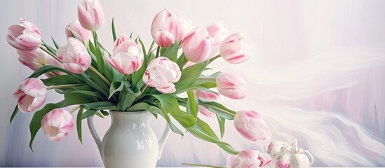 Poster - A beautiful arrangement of pink tulips in a vase adorns a table, showcasing the creativity of flower arranging as an art form