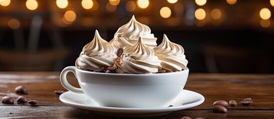 Wall Mural - A dessert dish featuring a cup of coffee topped with meringue served on a wooden table, showcasing a delicious blend of flavors and textures