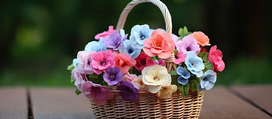 Sticker - A vibrant bouquet of colorful flowers decorates a wooden table, showcasing the creativity of flower arranging. Pink petals contrast against the green grass backdrop