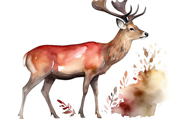 Wall Mural - Watercolor Hand illustration background print wild red white painted isolated animal design deer Christmas nature