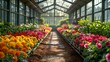 Vibrant horticulture showcase, a kaleidoscope of flowers and edible plants, greenhouse nurturing biodiversity, essential for pollination