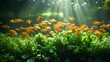 Underwater view of aquaculture farm, vibrant fish amidst aquatic plants, sustainable methods in practice, clear water symbolizing purity