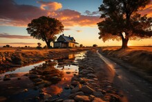 A House Beside A Dirt Road At Sunset Next To A Stream, Painted In The Sky