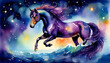 A watercolor painting of a horse with a galaxy and swimming in an underwater world.
