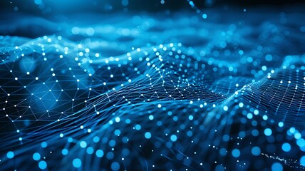 Abstract blue technology background with a cyber network grid and connected particles. Artificial neurons, global data connections, Business & technology graphics backgrounds. Generative AI