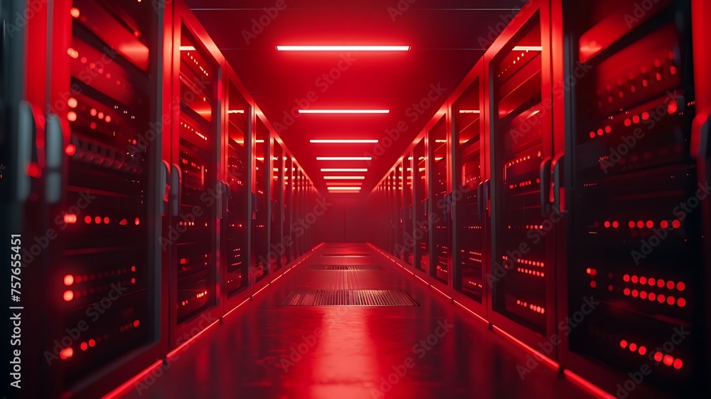 Alert It Infrastructure Glowing Red Alert in Data Center: Emergency Warning Lights, Technical ...