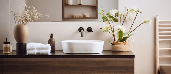 Wall Mural - A property with cabinetry, wood flooring, and a sink on the countertop. The interior design features a vase of flowers adding a touch of nature to the building