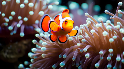 Wall Mural - Clown fish swimming in the sea on coral reef background