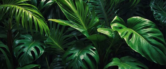 Wall Mural - Green colored tropical leaves foliage plants, banner template background illustration from Generative AI