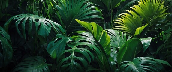 Wall Mural - Green colored tropical leaves foliage plants, banner template background illustration from Generative AI