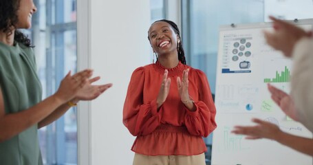 Canvas Print - Presentation, employees and businesswoman with applause for success, achievement and leadership in corporate career. Strategy, planning and team happy for idea, data and workshop with diversity