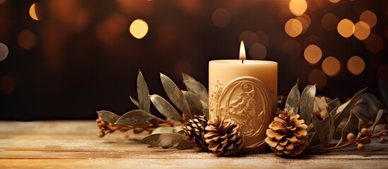 Sticker - A candle is placed on a wooden table surrounded by pine cones and leaves, creating a rustic and natural floral design for an event or gathering