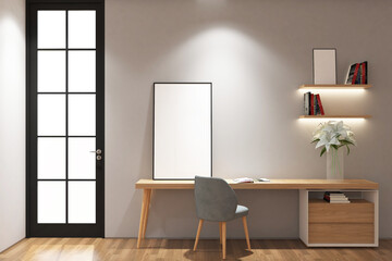 3d rendering desk and chair with frame mock up side the door. Gray and light wood style in scandinavian. Set 7