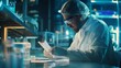 Scientist reviewing notes in laboratory - A diligent scientist reads detailed notes amidst an advanced laboratory setup with neon lighting ambiance