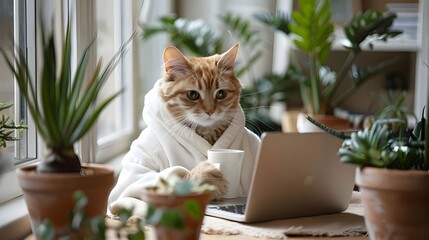  Funny cat working on laptop at home office, businessman in bathrobe drinking coffee, study room with pots of greenery, work from home concept