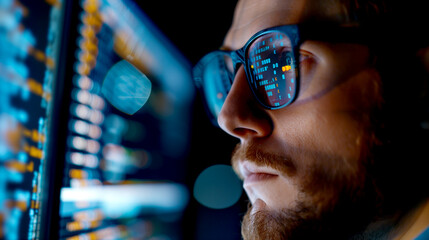 Programmer at Work - The Program Code is Reflected in Glasses