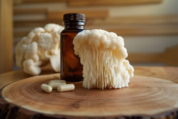 Canvas Print - overhead flat lay view of lions mane mushroom with vitamin supplement tablets