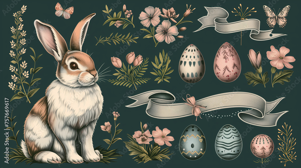 Vector set of easter ornaments and decorative elements, vintage banner ...