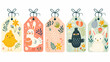 © Fokke Baarssen - set of Easter gift tags and labels with cute cartoon characters and type design. Easter greetings with bunnies, chickens, eggs, and flowers. Vector illustration