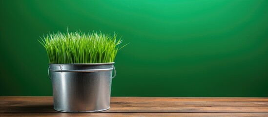 Wall Mural - A plant pot filled with lush green wheatgrass rests on a rectangular wooden table, blending nature with decor in a harmonious way