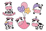 Fototapeta Dinusie - Baby Girl Shower hand-drawn vector illustration of cute baby boy cow with balloons and milk bottle.