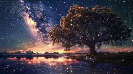 Wall Mural - a magical starry night on the river bank with a large tree. seamless looping overlay 4k virtual vide